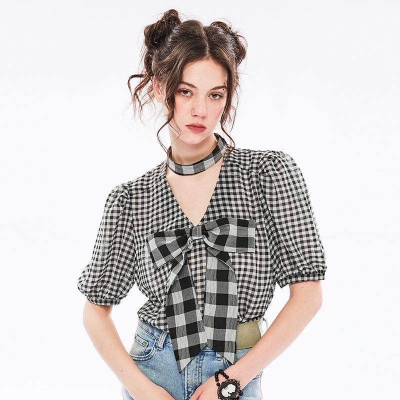 Punk Rave Women's Grunge V-neck Plaid Short Sleeved Shirt with Bowknot