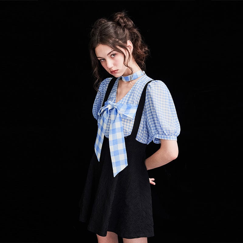 Punk Rave Women's Grunge V-neck Plaid Short Sleeved Shirt with Bowknot