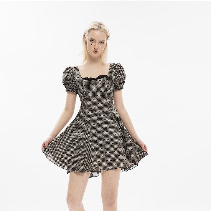 Punk Rave Women's Lolita Bowknot Plaid Puff Sleeved Dress