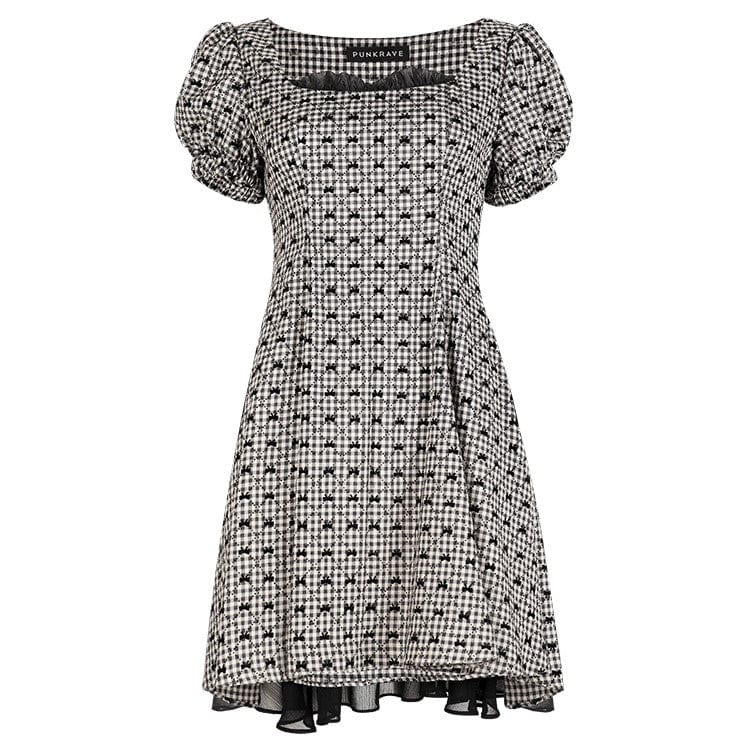 Punk Rave Women's Lolita Bowknot Plaid Puff Sleeved Dress