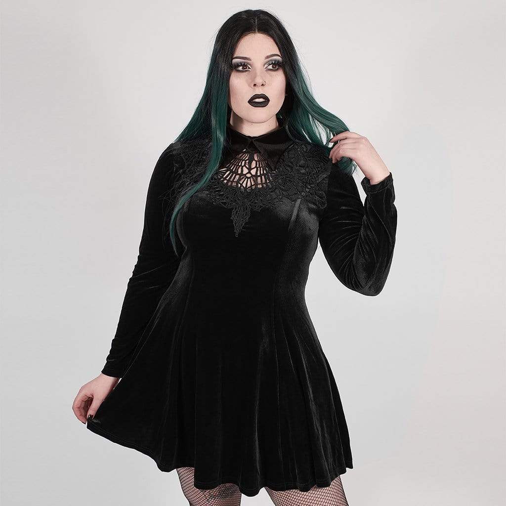 Women's Plus Size Gothic Black Velvet Short Collared Dress