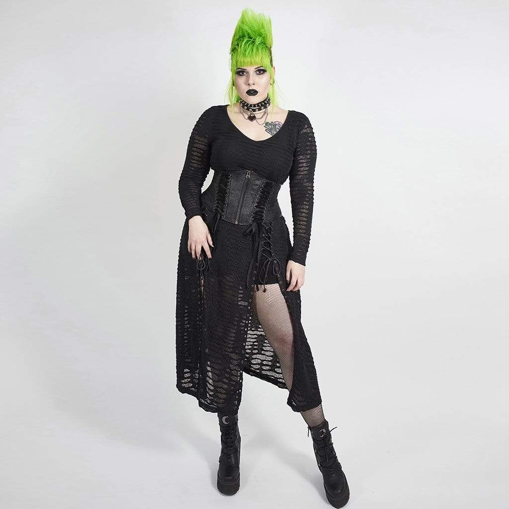 Women's Plus Size Gothic Full Sleeved Net Midi Dress with Slits