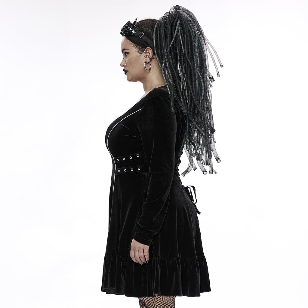 Punk Rave Women's Plus Size Gothic Metal Chain Long Sleeved Velvet Dress