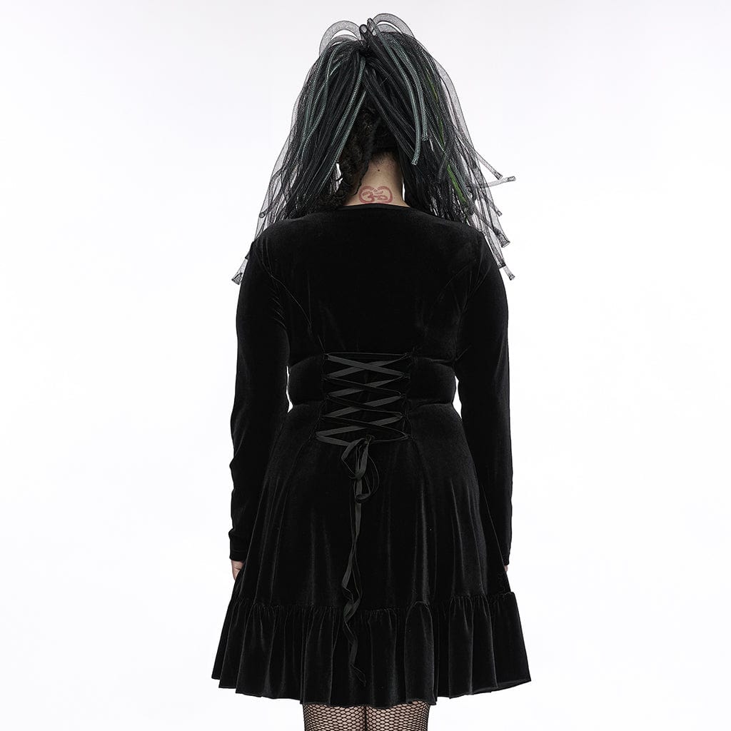 Punk Rave Women's Plus Size Gothic Metal Chain Long Sleeved Velvet Dress