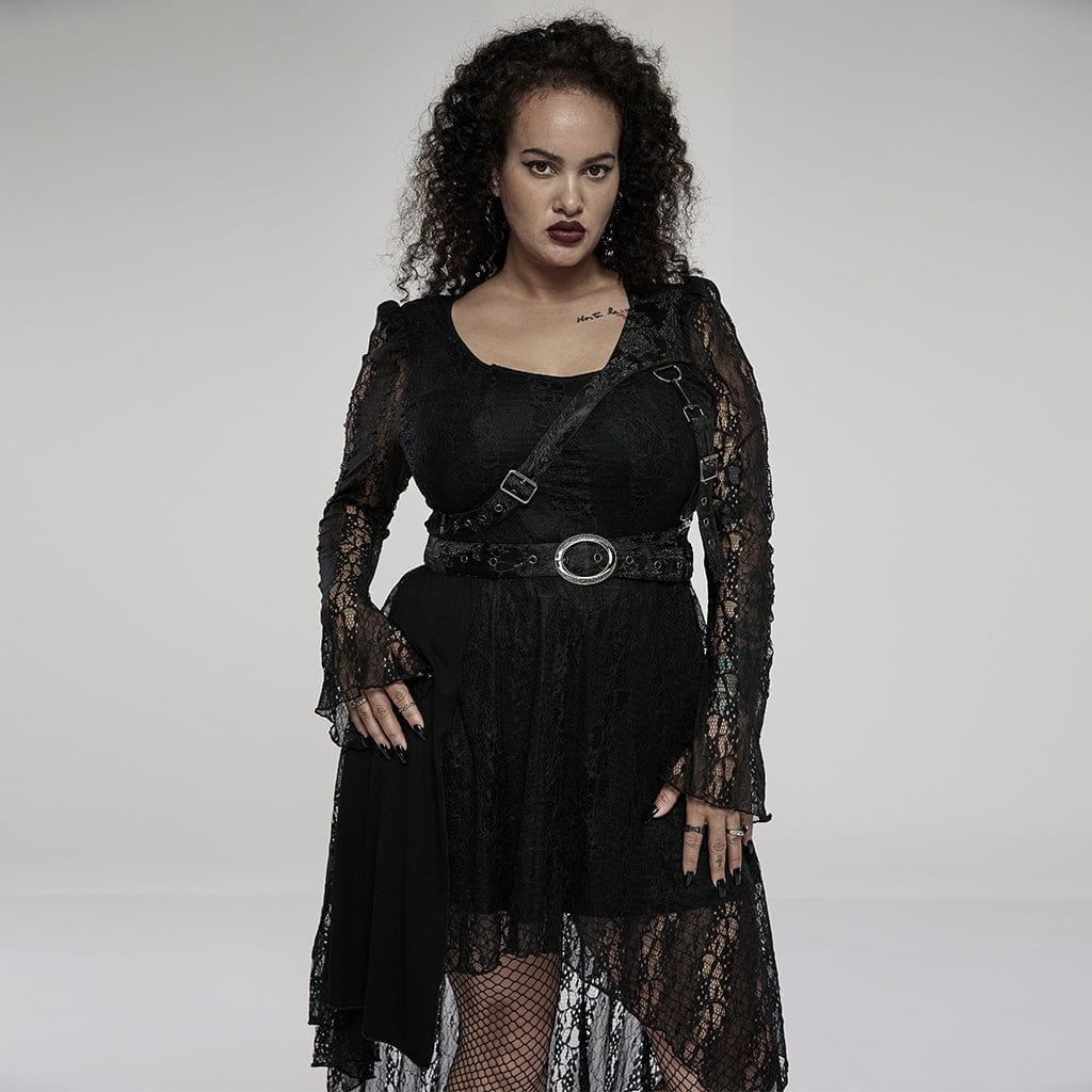 Punk Rave Women's Plus Size Gothic Vintage High/low Long Sleeved Lace Dress