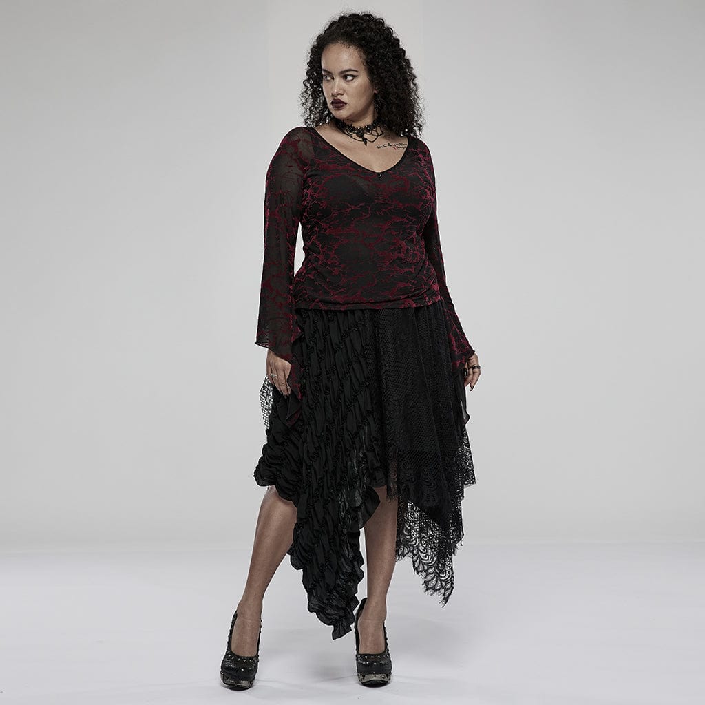 Punk Rave Women's Plus Size Gothic Vintage V-neck Flare Sleeved Floral Mesh Top