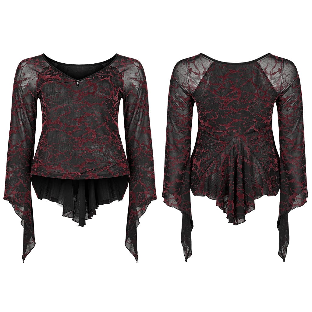 Punk Rave Women's Plus Size Gothic Vintage V-neck Flare Sleeved Floral Mesh Top