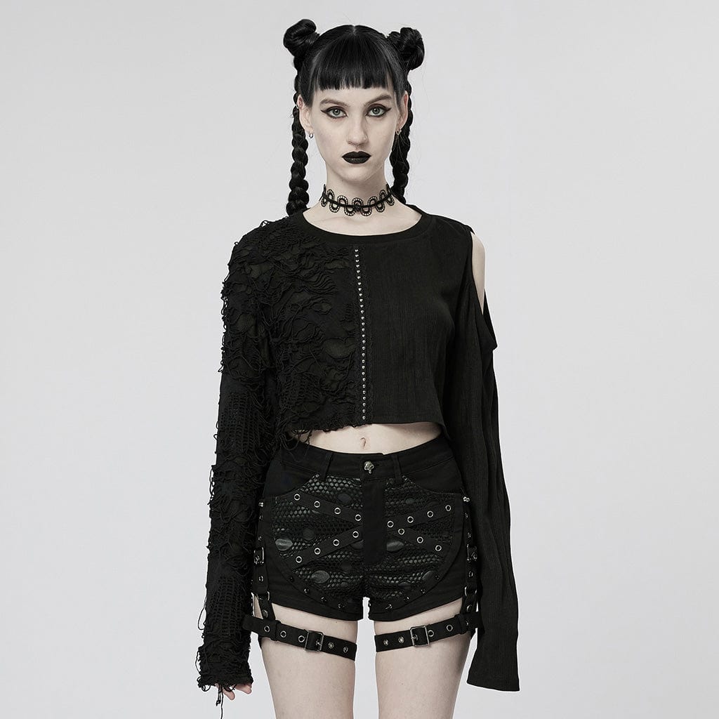 PUNK RAVE Women's Punk Beaded Ripped Crop Top