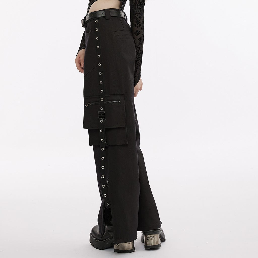 PUNK RAVE Women's Punk Big-pocket Side Slit Cargo Pants