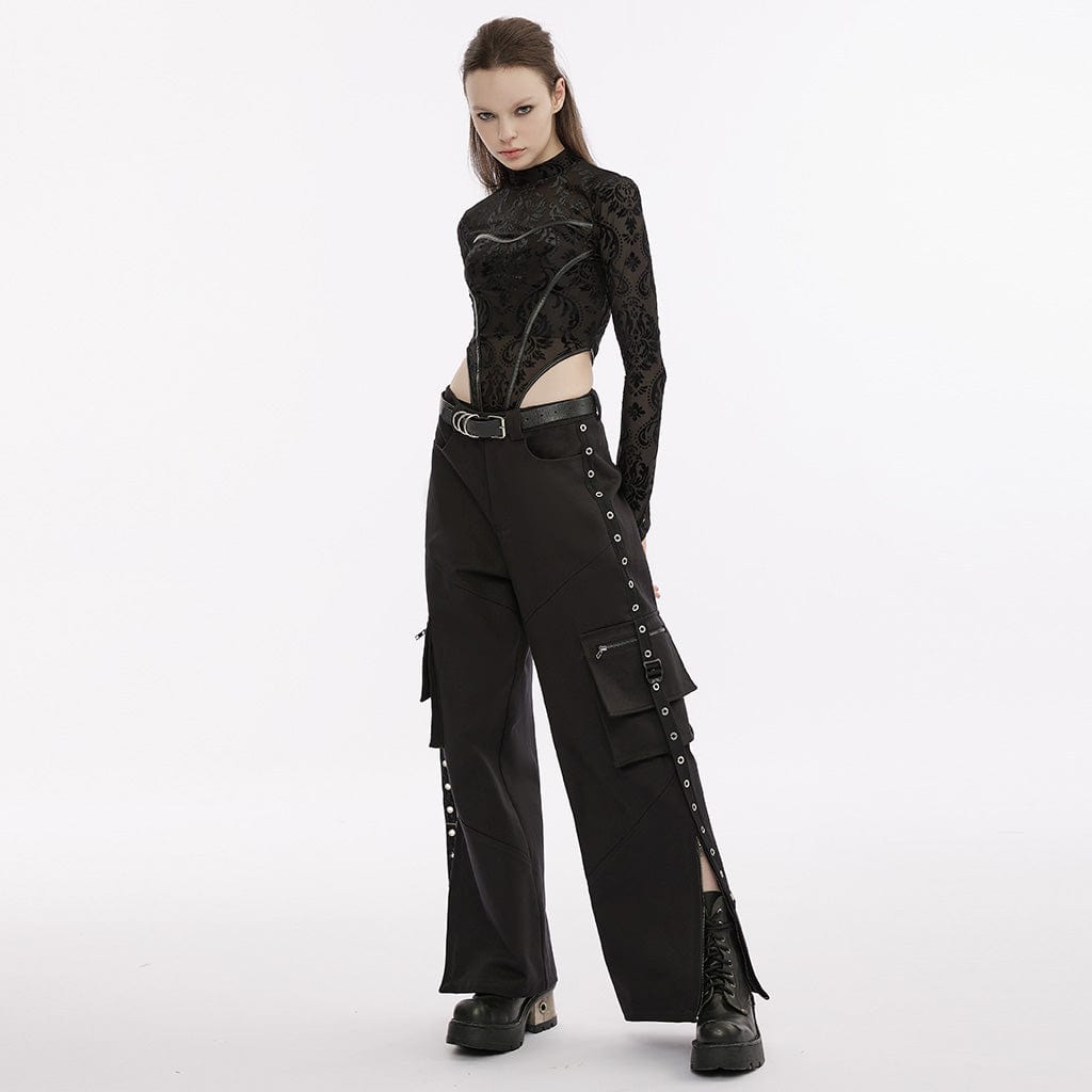 PUNK RAVE Women's Punk Big-pocket Side Slit Cargo Pants