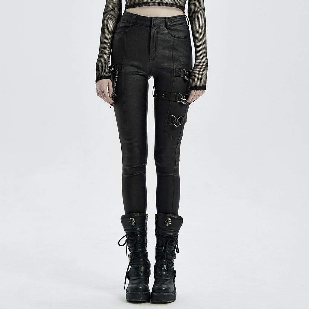 Women's Punk Buckles Faux Leather Skinny Pants