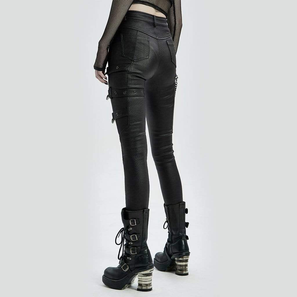 Women's Punk Buckles Faux Leather Skinny Pants