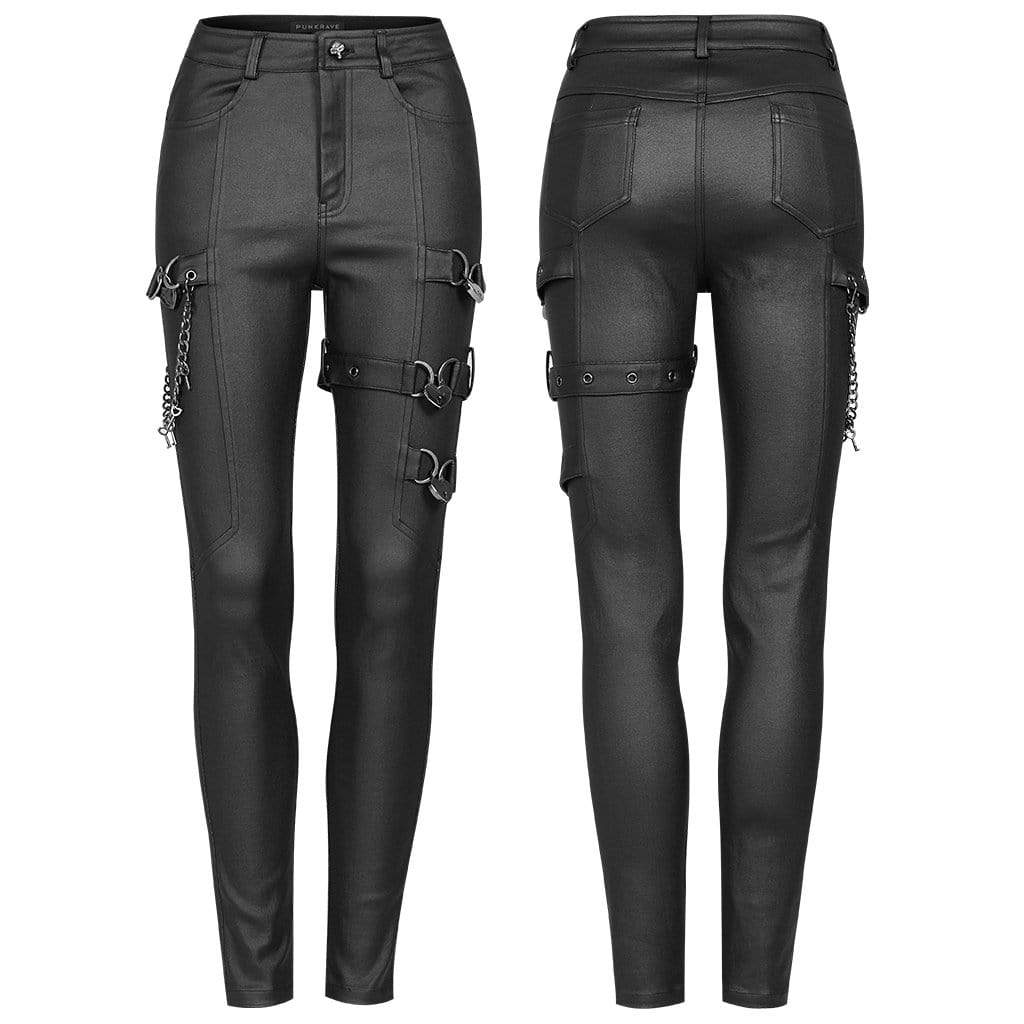 Women's Punk Buckles Faux Leather Skinny Pants