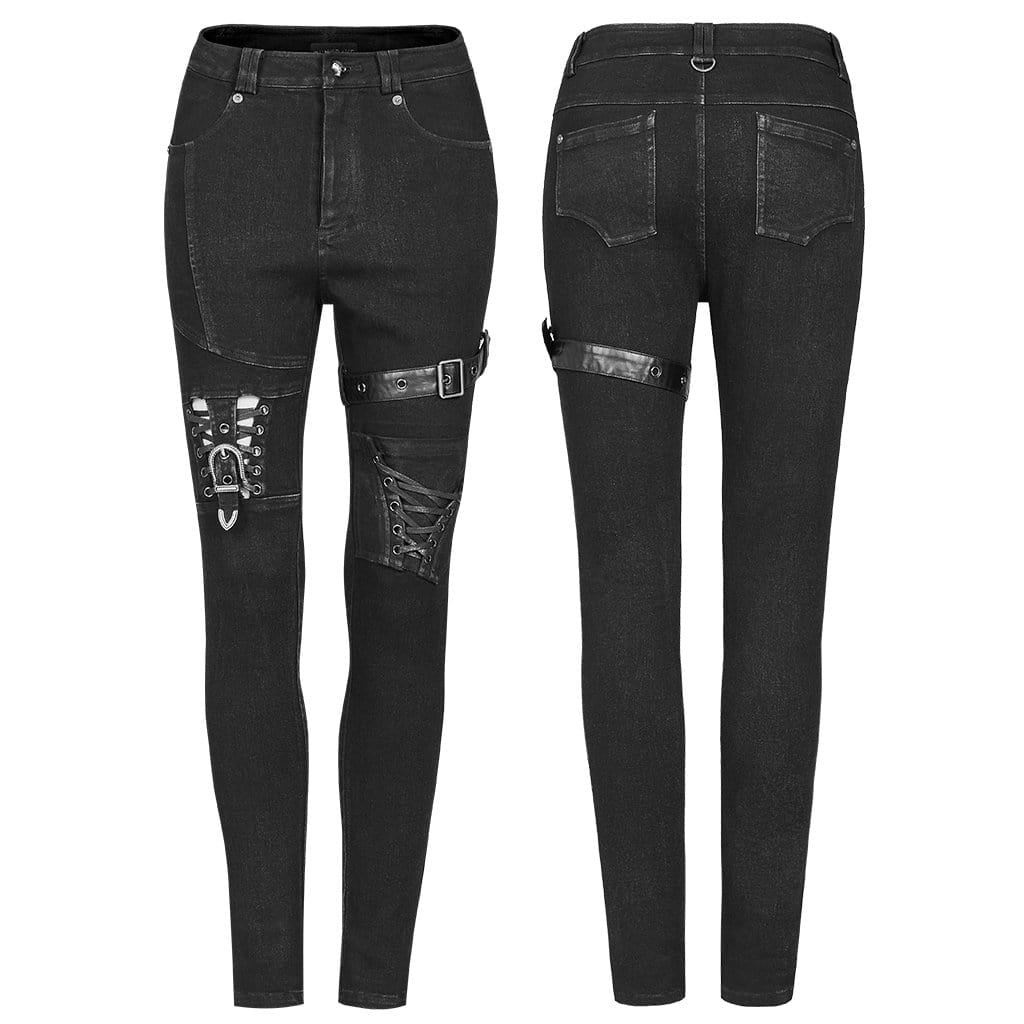 Women's Punk Cutout Buckles Skinny Jeans