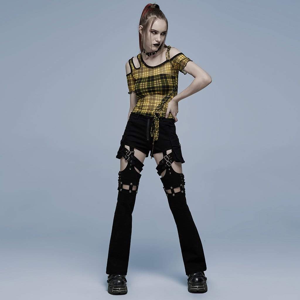 Punk Rave Women's Punk Cutout Buckles Splice Pants