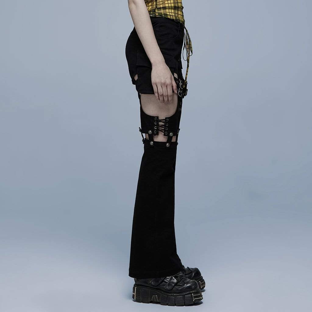 Punk Rave Women's Punk Cutout Buckles Splice Pants