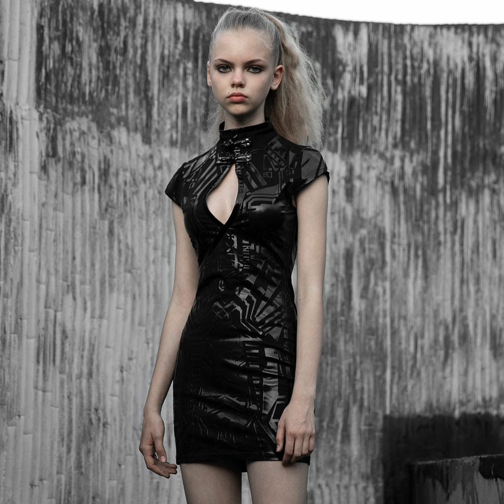 PUNK RAVE Women's Punk Cutout Faux Leather Splicing Cheongsam Dress