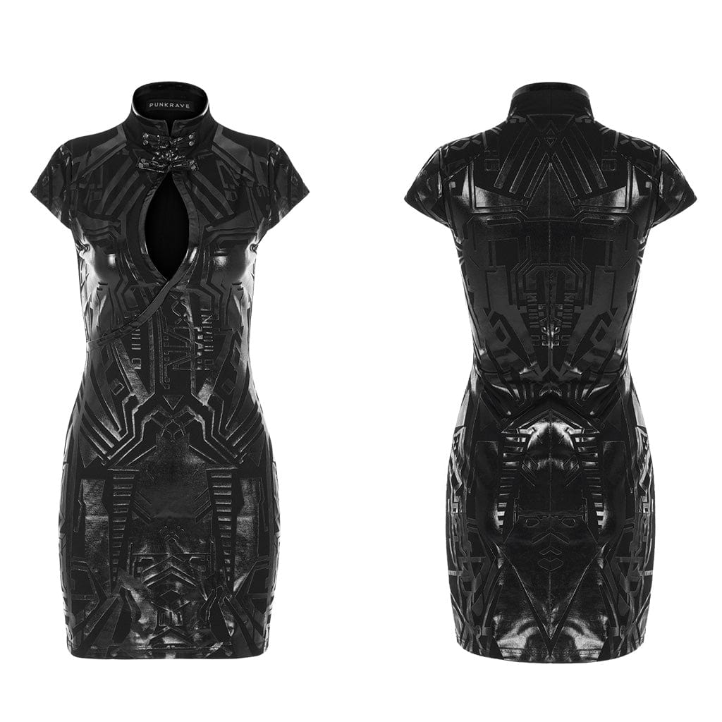 PUNK RAVE Women's Punk Cutout Faux Leather Splicing Cheongsam Dress