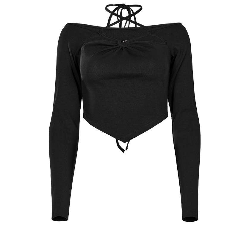 PUNK RAVE Women's Punk Cutout Off Shoulder Halterneck Crop Top