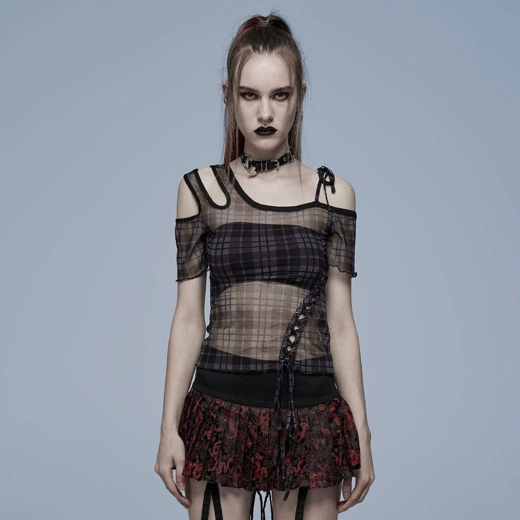 Punk Rave Women's Punk Cutout Plaid Sheer Mesh Top