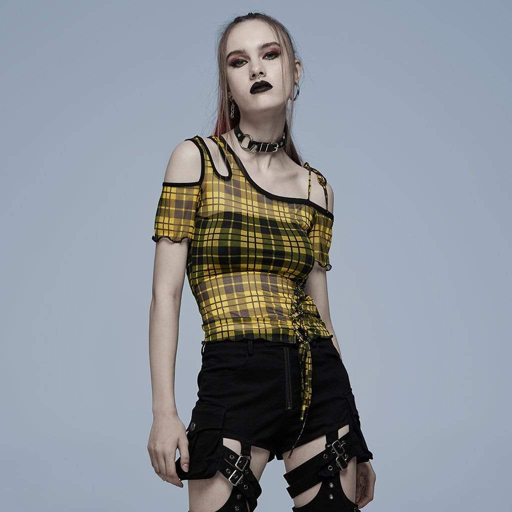 Punk Rave Women's Punk Cutout Plaid Sheer Mesh Top