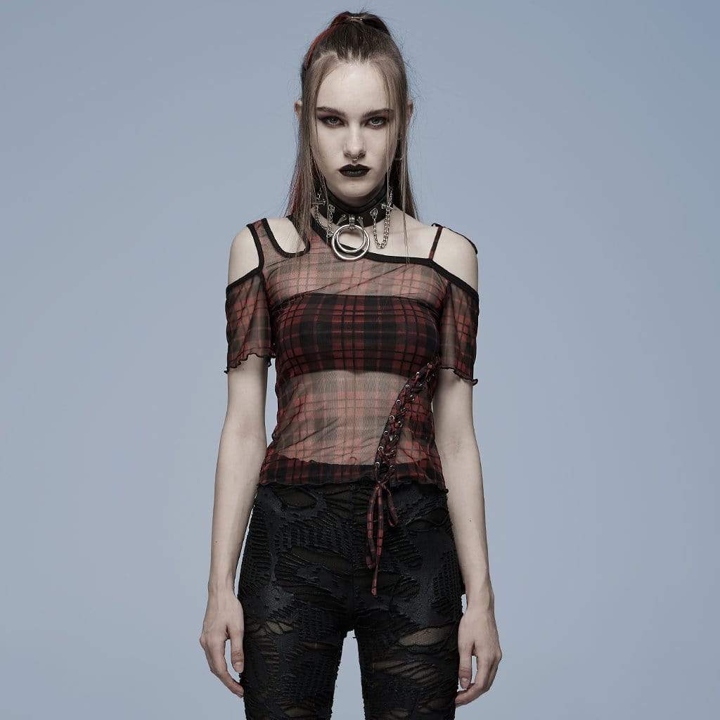 Punk Rave Women's Punk Cutout Plaid Sheer Mesh Top