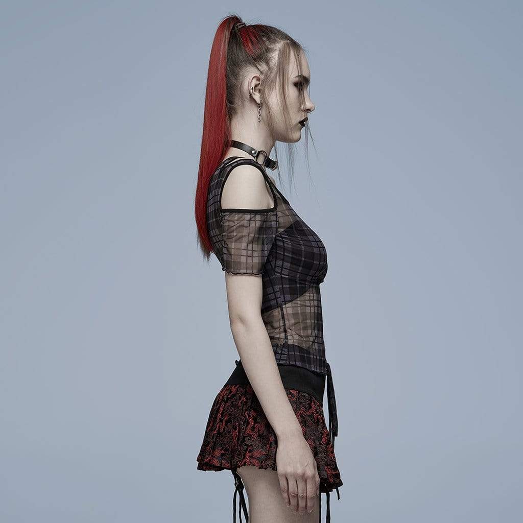 Punk Rave Women's Punk Cutout Plaid Sheer Mesh Top