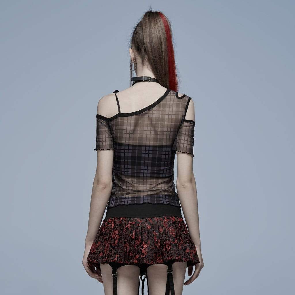 Punk Rave Women's Punk Cutout Plaid Sheer Mesh Top