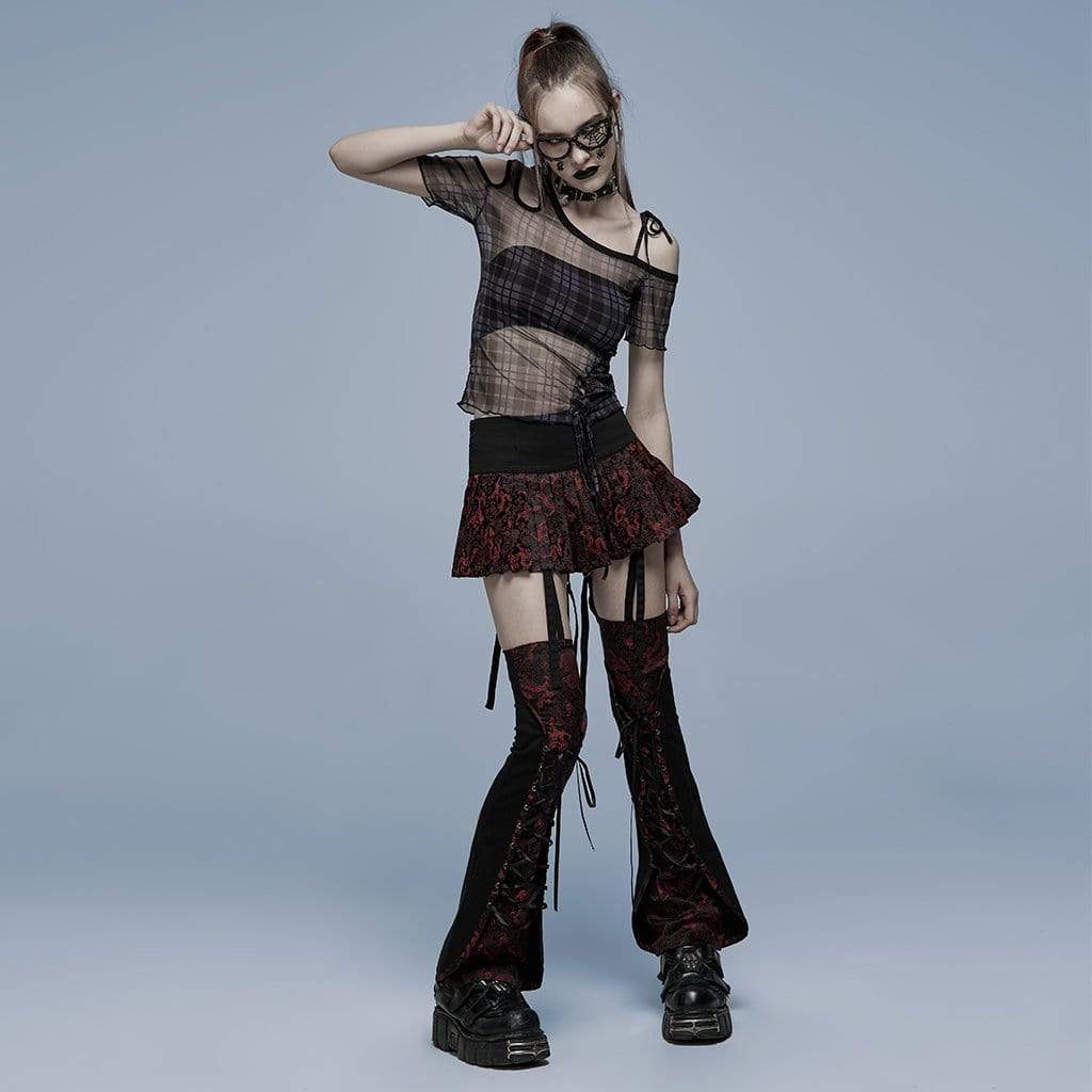 Punk Rave Women's Punk Cutout Plaid Sheer Mesh Top