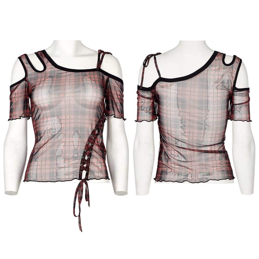 Punk Rave Women's Punk Cutout Plaid Sheer Mesh Top