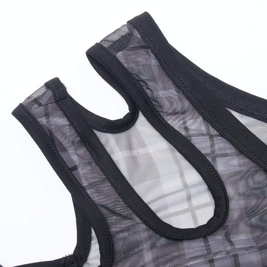 Punk Rave Women's Punk Cutout Plaid Sheer Mesh Top