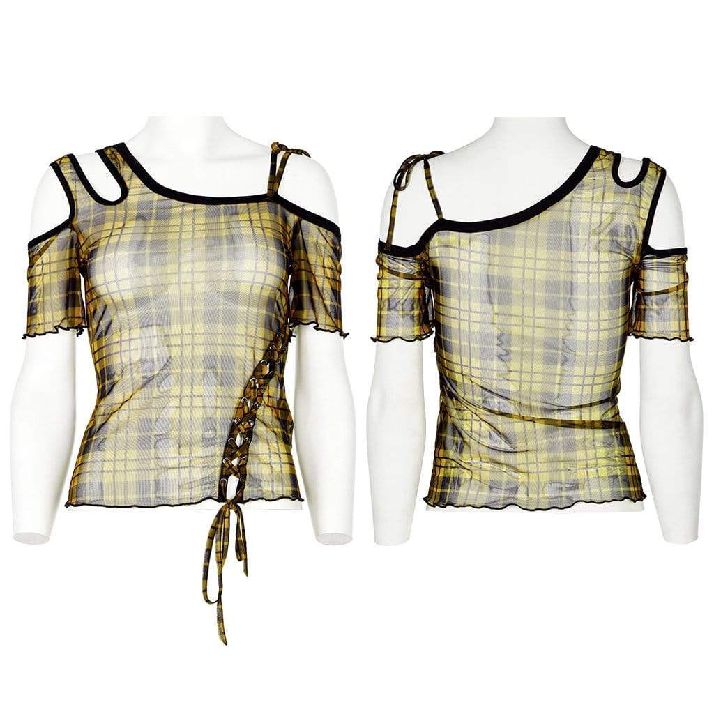 Punk Rave Women's Punk Cutout Plaid Sheer Mesh Top