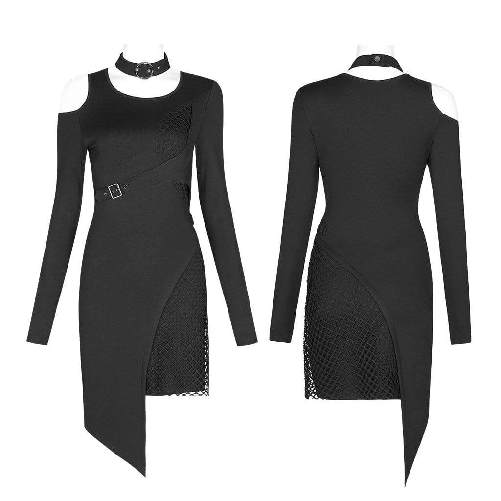 Women's Punk Cutout Shoulder Irregular Long Sleeved Shirt Dresses with Choker