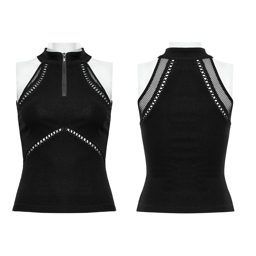 PUNK RAVE Women's Punk Cutout Splice Mesh Tank Top