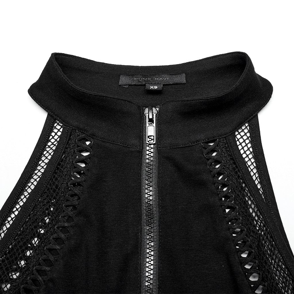 PUNK RAVE Women's Punk Cutout Splice Mesh Tank Top