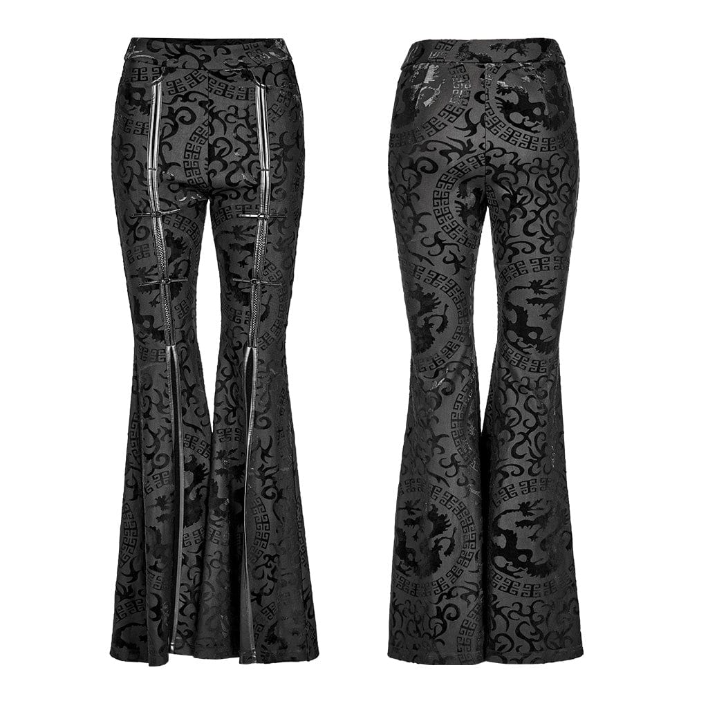 PUNK RAVE Women's Punk Dragon Printed Frog Split Flared Pants