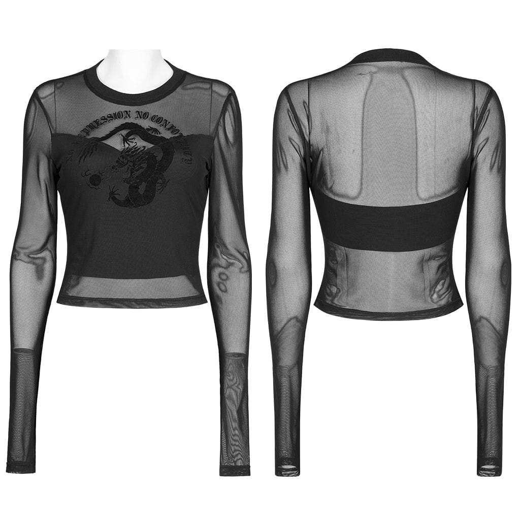 Punk Rave Women's Punk Dragon Printed Sheer Long Sleeved Mesh Top