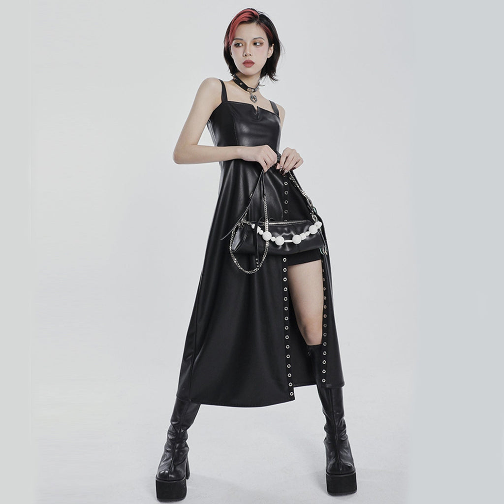 PUNK RAVE Women's Punk Eyelet Split Faux Leather Slip Dress