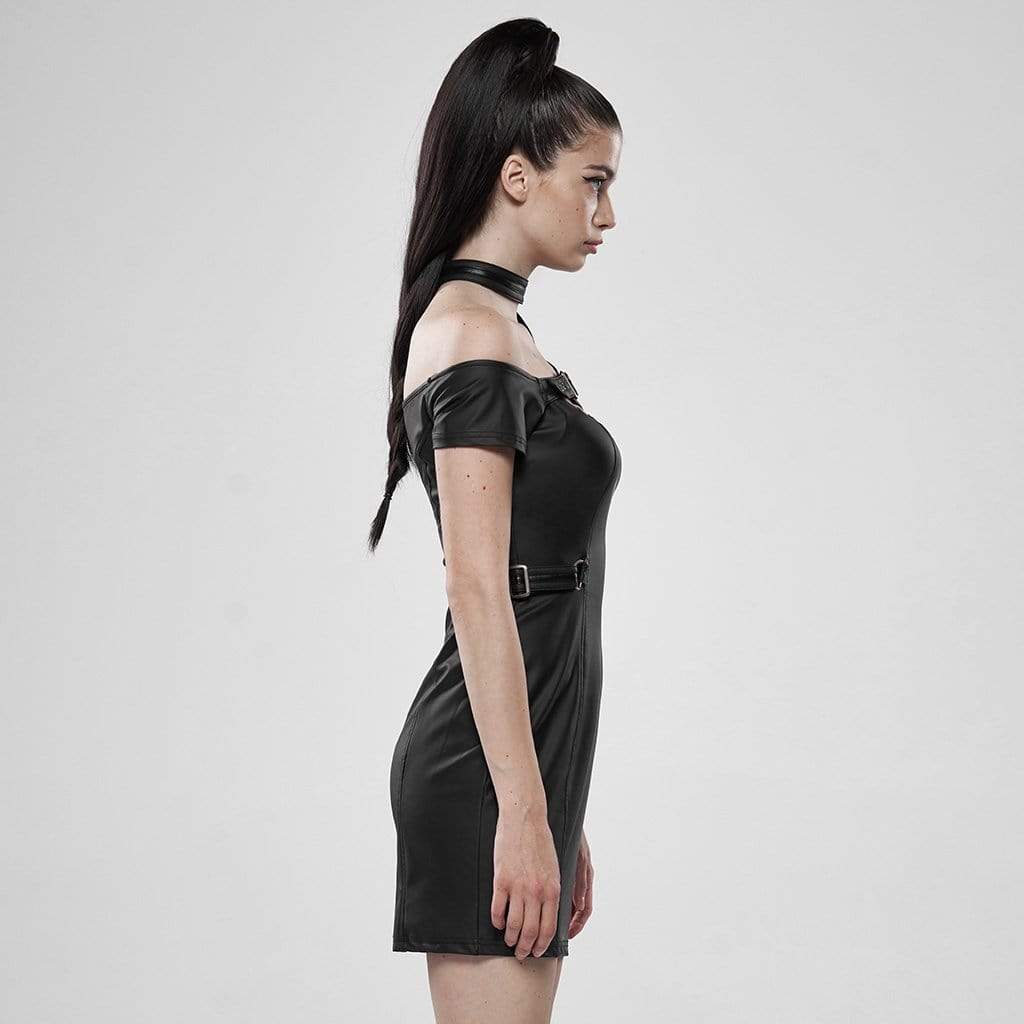 Women's Punk Faux Leather Off Shoulder Slim Fitted Dresses