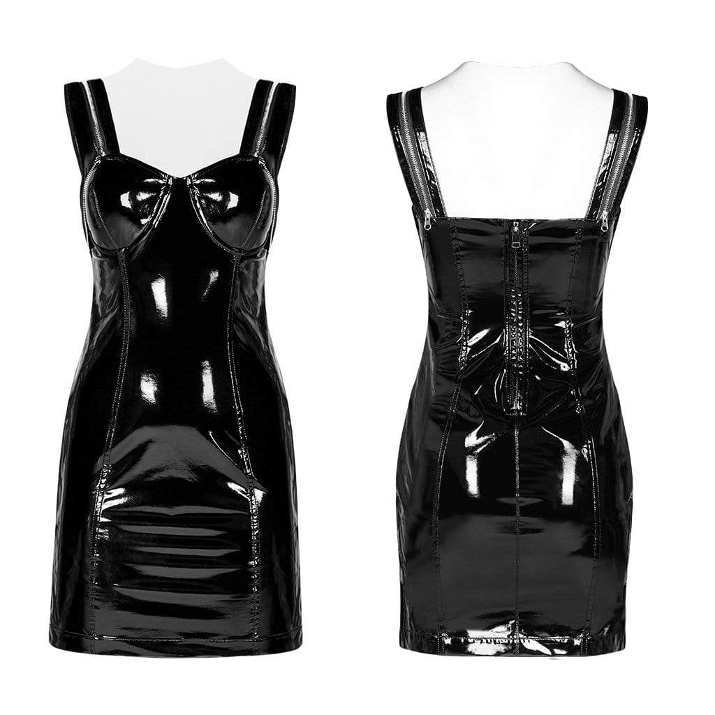 Women's Punk Faux Leather Sexy Cutout Short Slip Dress