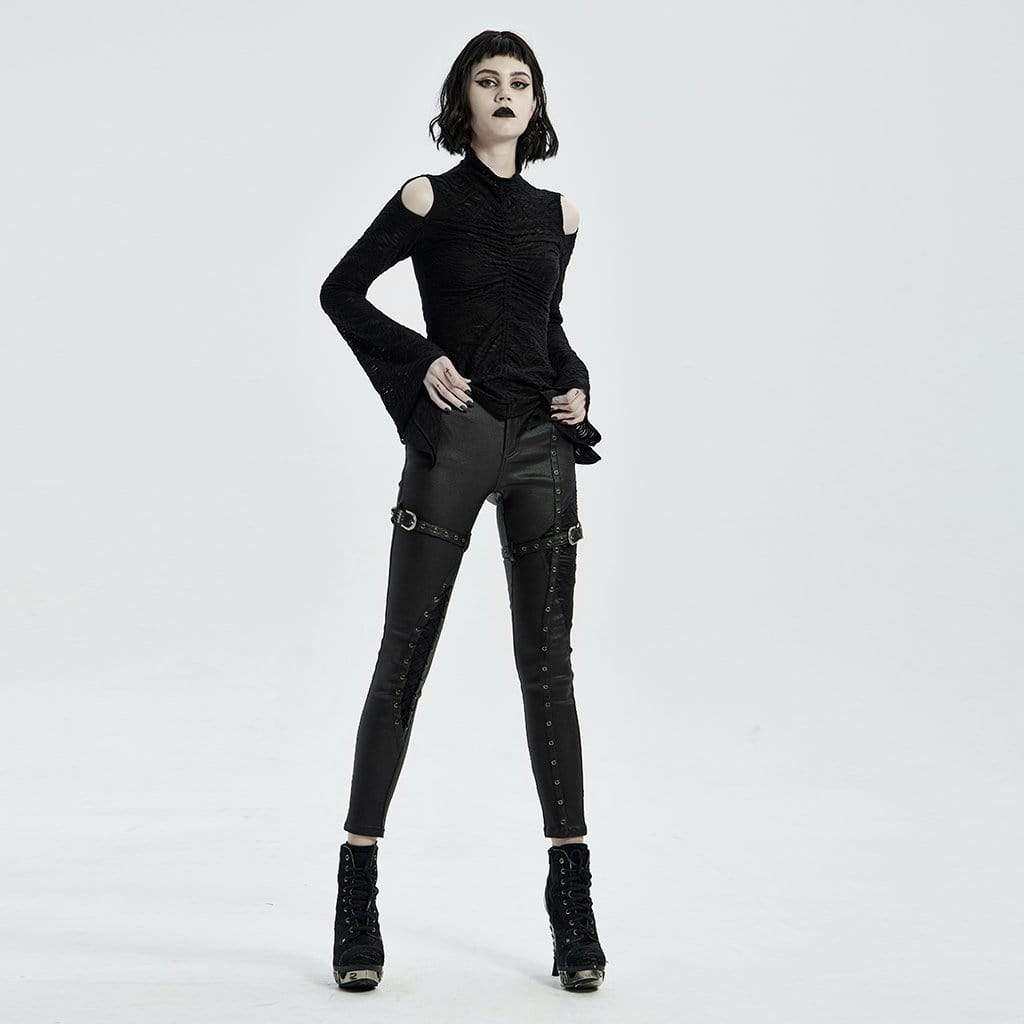 Women's Punk Faux Leather Skull Straps Skinny Pants