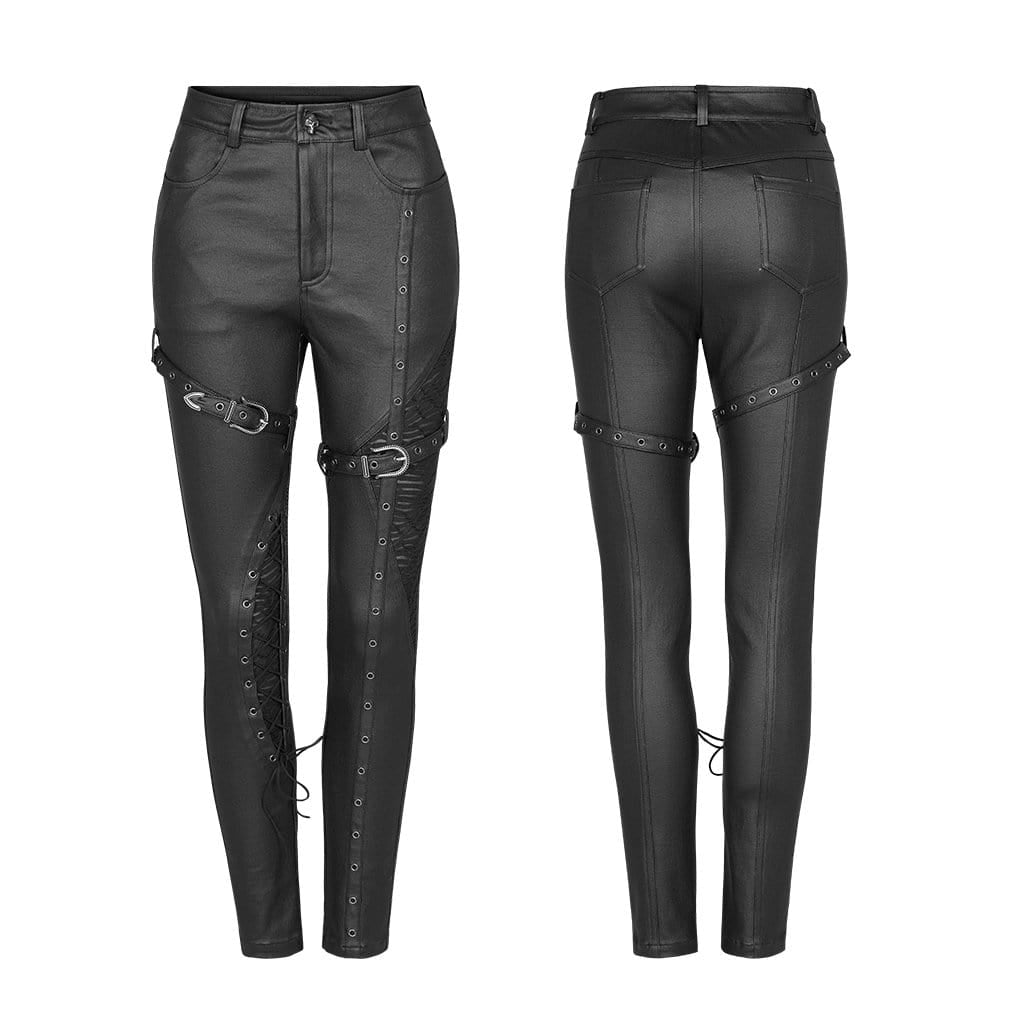 Women's Punk Faux Leather Skull Straps Skinny Pants