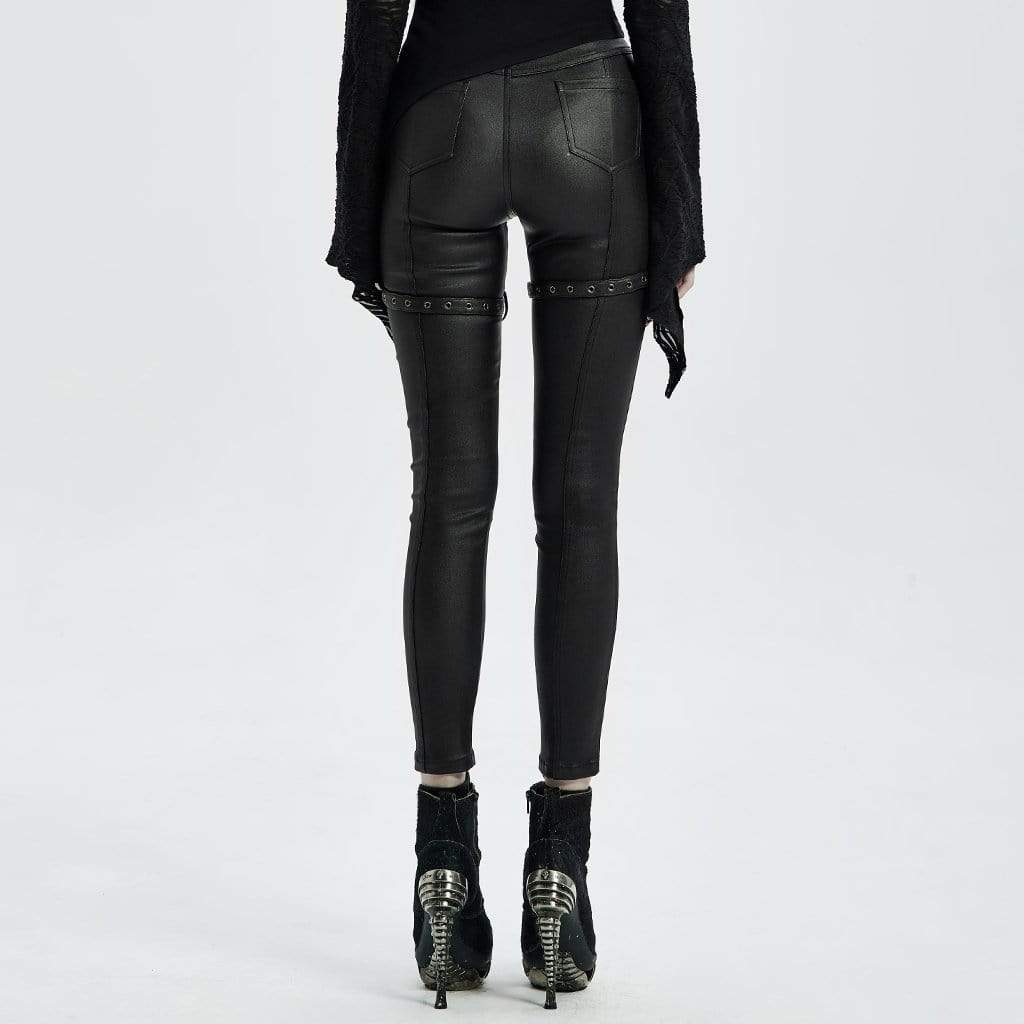 Women's Punk Faux Leather Skull Straps Skinny Pants