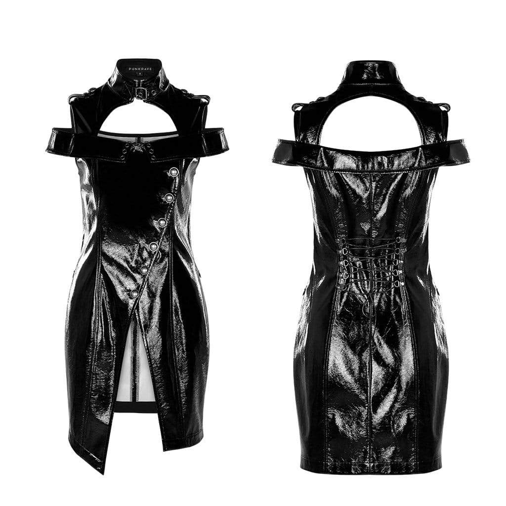 Women's Punk Faux Leather Stand Collar Off Shoulder Slit Dresses