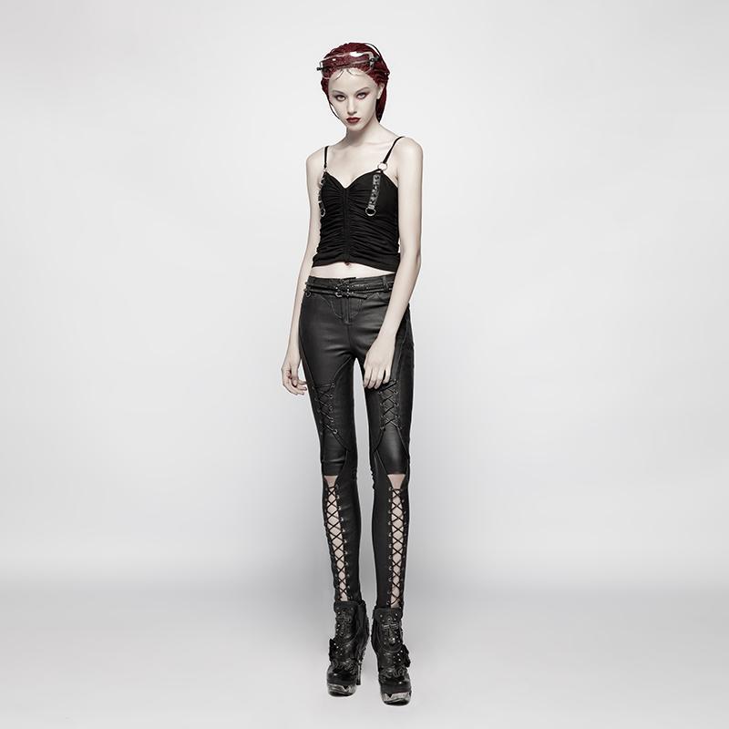 Women's Punk Faux Leather Woven Pants