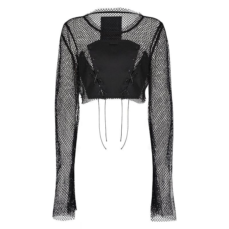 PUNK RAVE Women's Punk Flare Sleeved Mesh Top