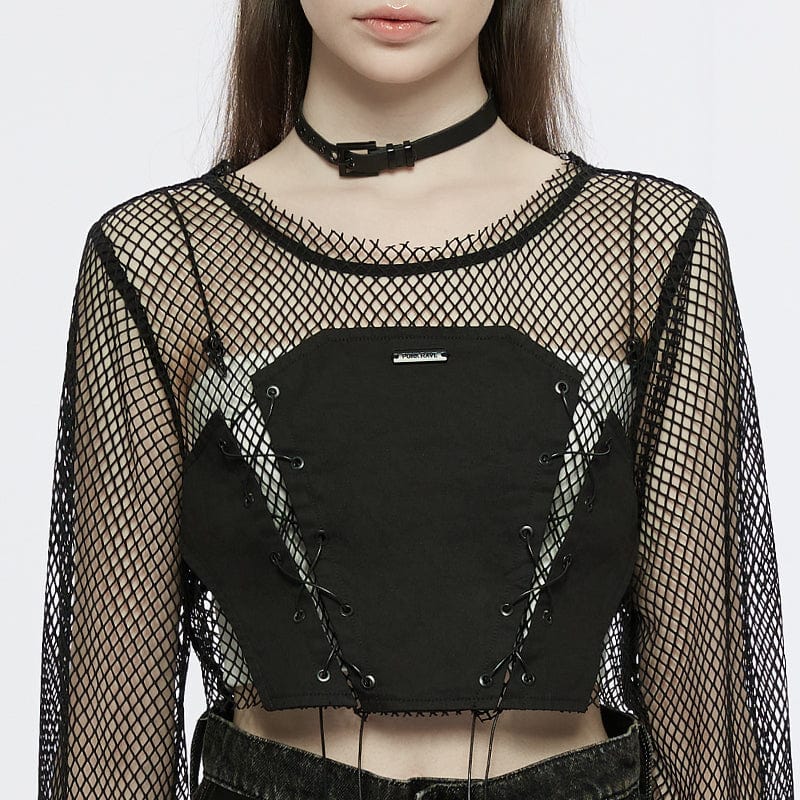 PUNK RAVE Women's Punk Flare Sleeved Mesh Top