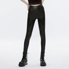 PUNK RAVE Women's Punk Floral Embroidered Faux Leather Leggings