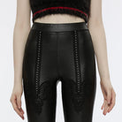 PUNK RAVE Women's Punk Floral Embroidered Faux Leather Leggings