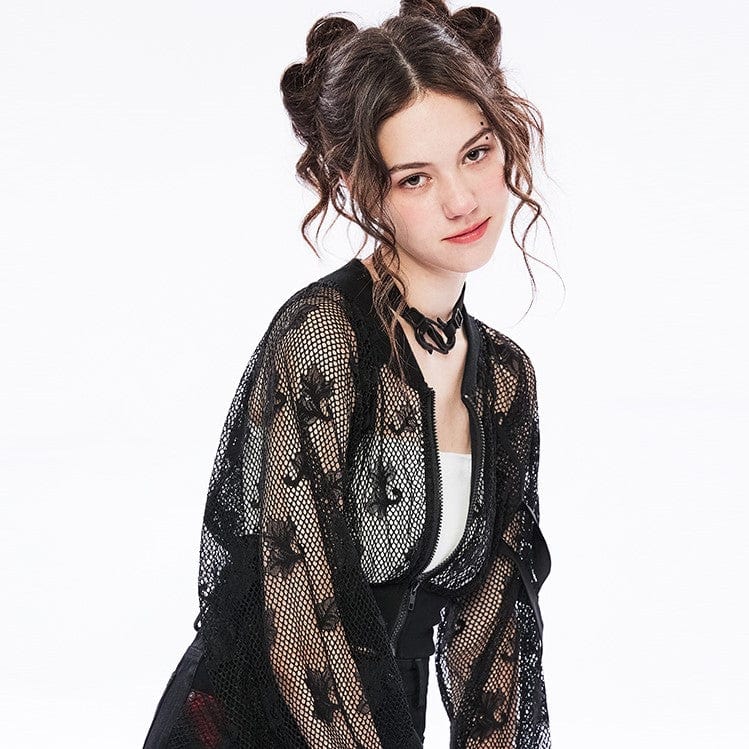 PUNK RAVE Women's Punk Floral Sheer Mesh Short Jacket